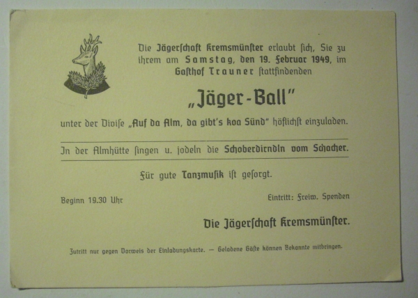 Einladungskarte zum Jäger-Ball (1949)